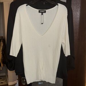 Express Cream Ribbed V-Neck Sweater